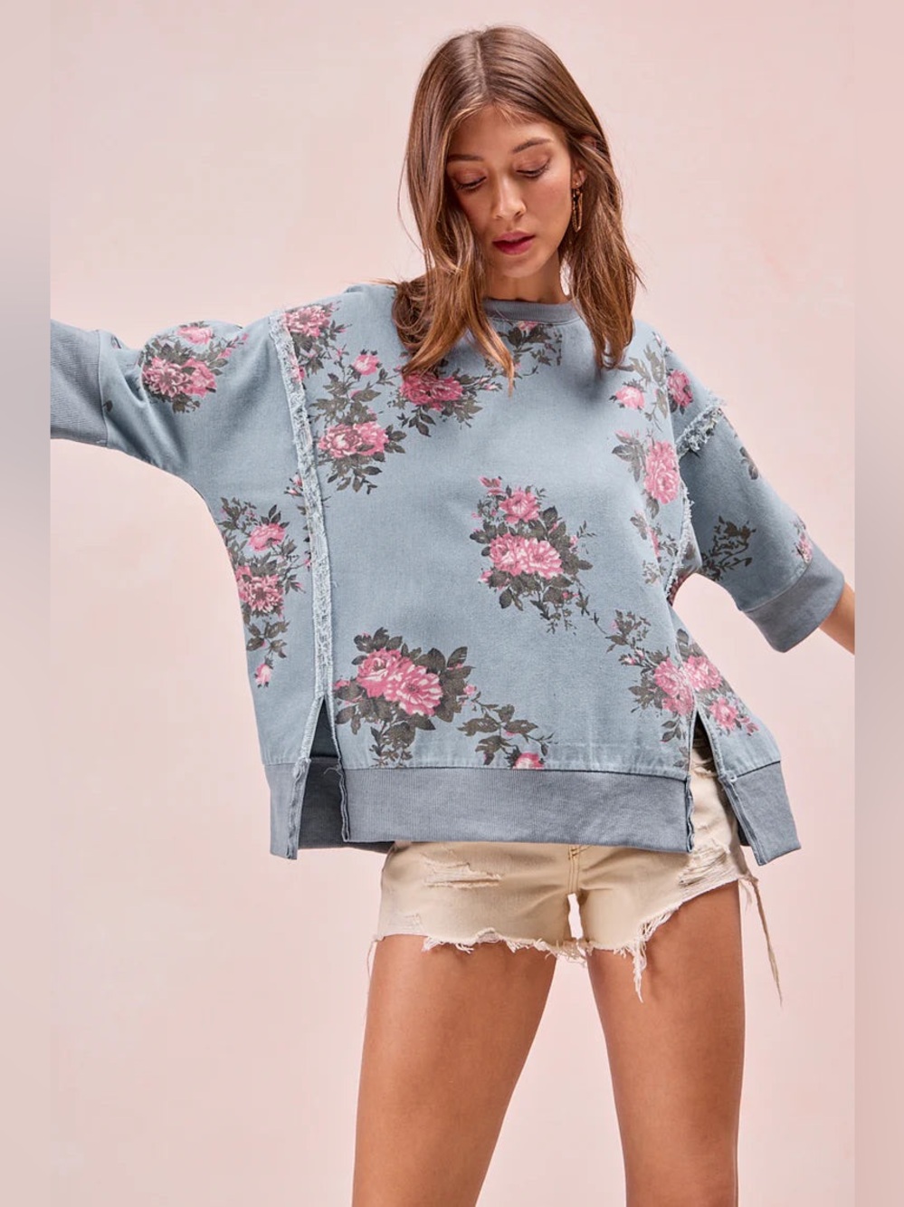 BiBi Floral-Print Light Blue Denim Crewneck Sweatshirt with Exposed Seams